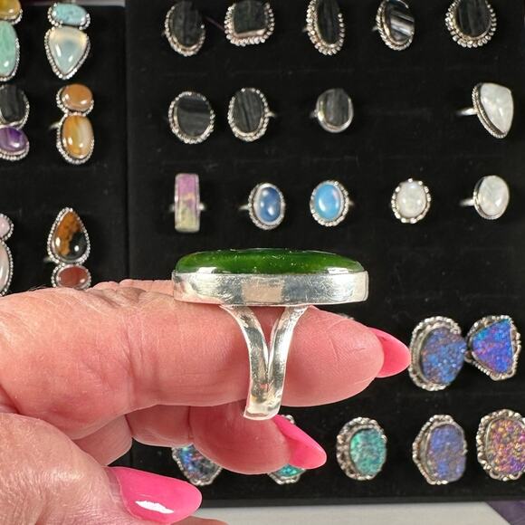 Green labradorite fire gemstone solid sterling silver substantial ring size 7.5 - Picture 4 of 9